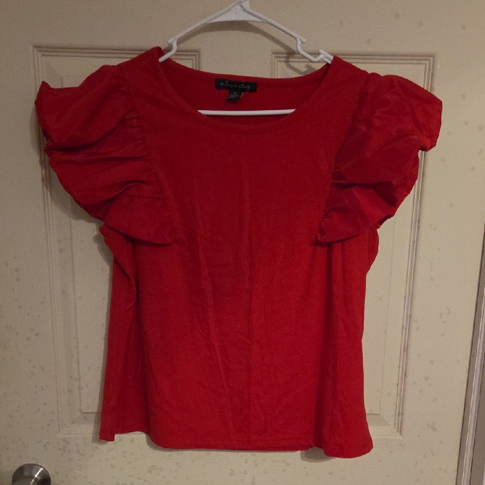 Vibrant Red Ruffled Flutter Sleeve Blouse